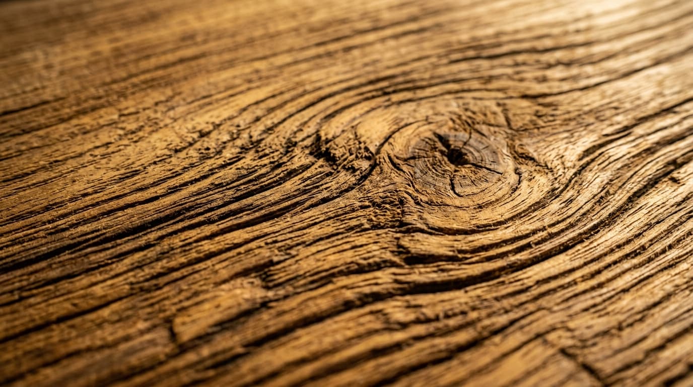 Close-up macro view of natural teak wood grain with dramatic knot detail
