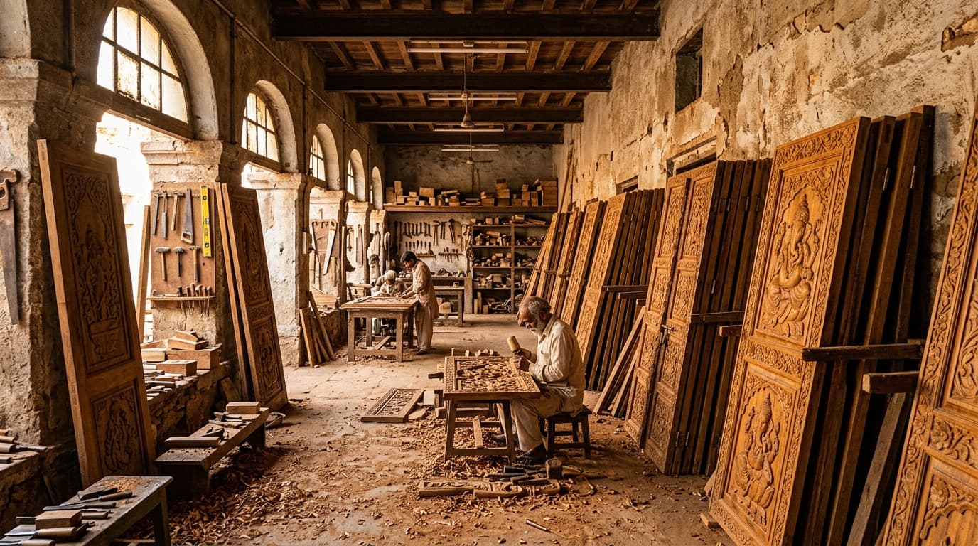 Traditional Indian woodworking atelier with carved teak door panels and master artisans at work