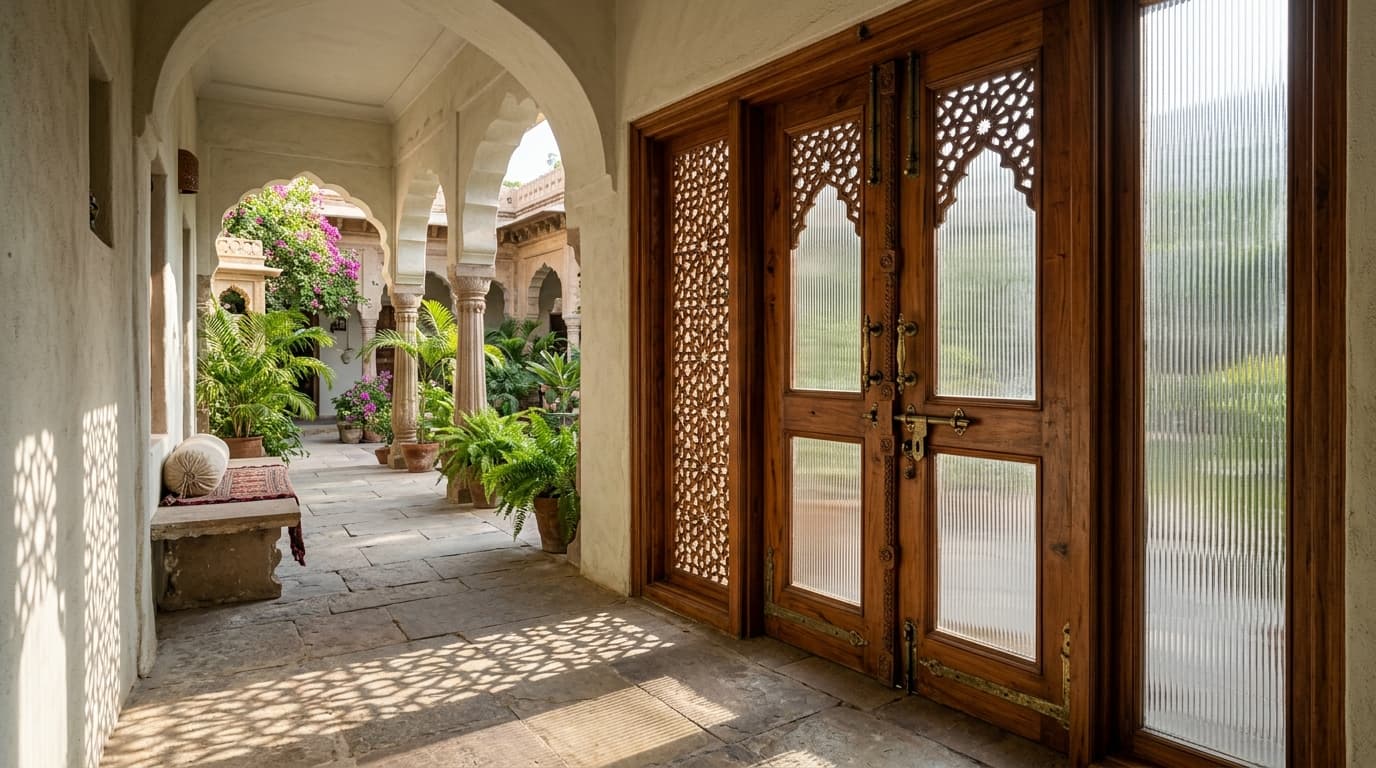 Hand-Pierced Jaali & Teak Entryway - Architectural timber door concept