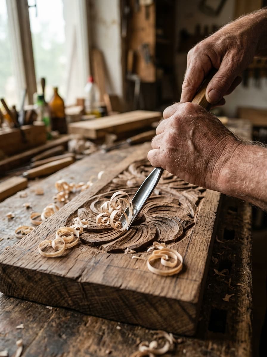 Master woodcarver hand-chiseling deep floral relief into a solid teak door