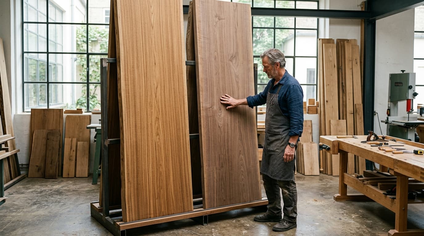 Artisan inspecting solid teak and sheesham slabs in the workshop
