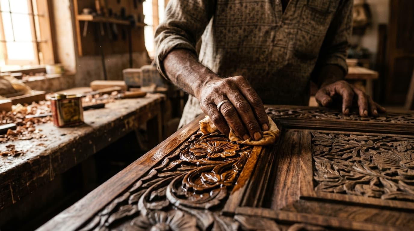 Artisan hand-applying natural oil and smoothing the finish on a carved door