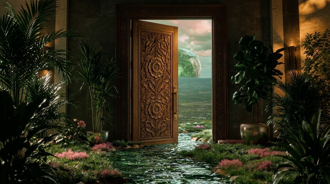 Architectural hand-carved solid timber door in an interior setting