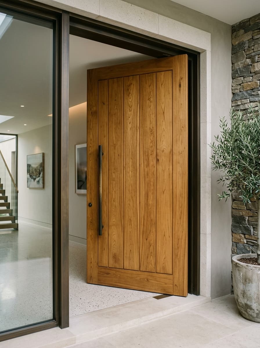 Solid Indian teak architectural entrance door with natural golden-brown grain